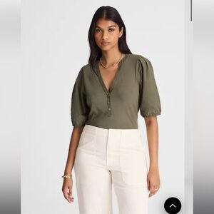 Madewell Puff-Sleeve Henley Knit Top in Faded Olive Green